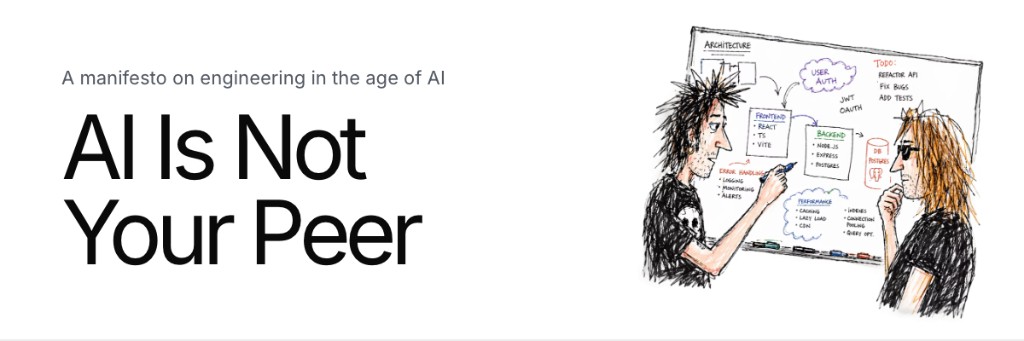 AI Is Not Your Peer: a manifesto on engineering in the age of AI, with an illustration of two engineers at a whiteboard