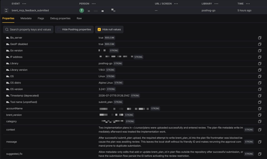 A PostHog event containing feedback submitted by an agent after an MCP tool problem